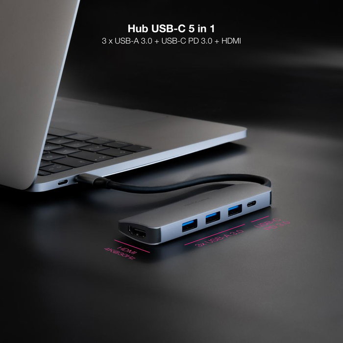 Nanocable - Hub USB-C 5 en 1 avec 3x USB-A 3.0, HDMI 4K, PD 100W - Aluminium Gris - Plug & Play Nanocable - Hub USB-C 5 en 1 avec 3x USB-A 3.0, HDMI 4K, PD 100W - Aluminium Gris - Plug & Play