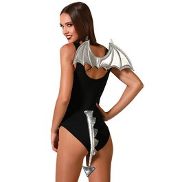 Ailes de dragon argentées avec queue assortie pour déguisement fantastique - Costume de créature mythique, carnaval et fête