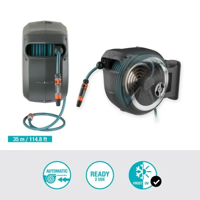 Gardena RollUp XL - Dévidoir automatique mural - Tuyau arrosage 35 m x 13 mm - Enroulement anti-vrille - Pivote à 180° - Blanc