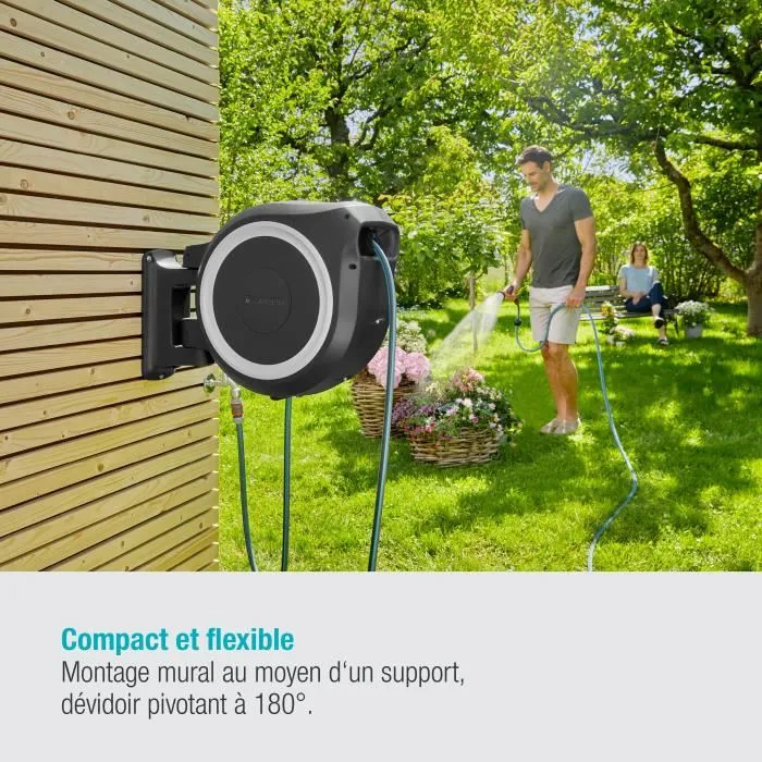 Gardena RollUp XL - Dévidoir automatique mural - Tuyau arrosage 35 m x 13 mm - Enroulement anti-vrille - Pivote à 180° - Blanc