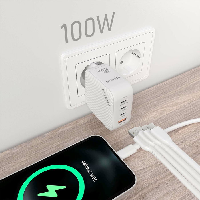 Chargeur mural Aisens ASCH-100W4P028-W Blanc Multicouleur 100 W Chargeur mural Aisens ASCH-100W4P028-W Blanc Multicouleur 100 W