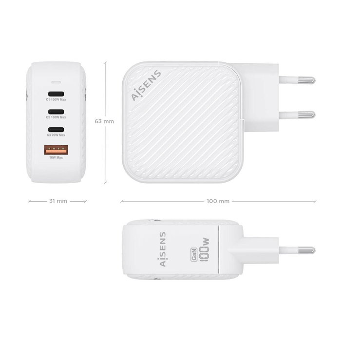 Chargeur mural Aisens ASCH-100W4P028-W Blanc Multicouleur 100 W Chargeur mural Aisens ASCH-100W4P028-W Blanc Multicouleur 100 W