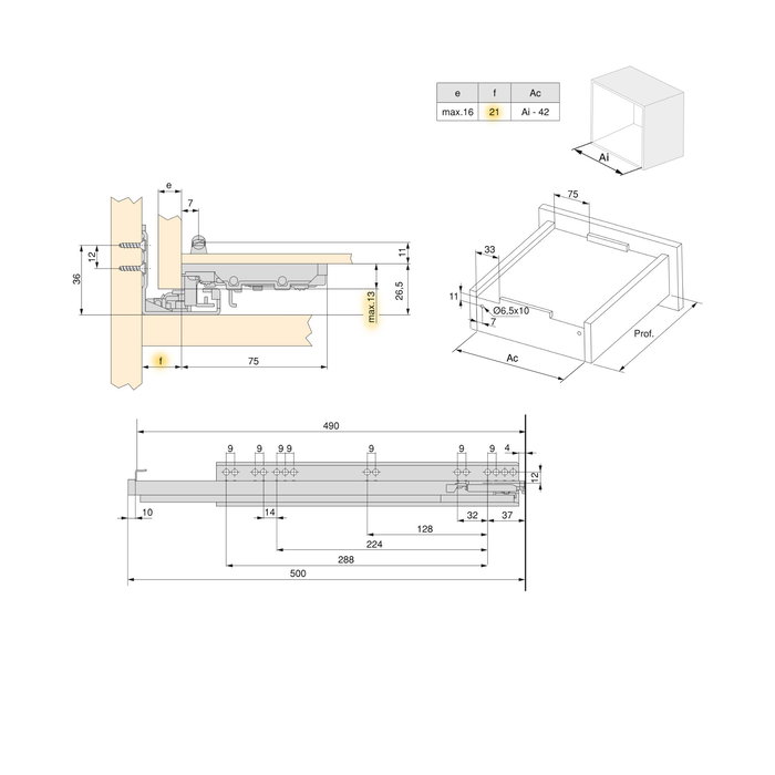 Emuca Jeu de coulisses invisibles pour tiroir Silver, à sortie totale, avec fermeture amortie et loqueteau, profondeur 490mm, Acier, zingué