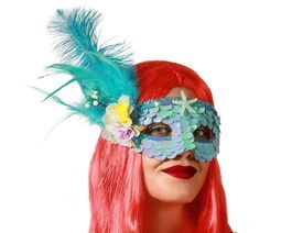 Masque de carnaval antifaz bleu métallisé forme queue de sirène avec décorations marines - Accessoire de déguisement