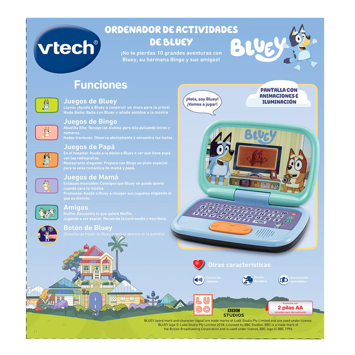 V-Tech Ordinateur d'Activités Bluey 80-530922 - Jeu Éducatif avec Écran LCD Éclairé, 5 Catégories et 10 Activités pour Enfants dès 3 Ans