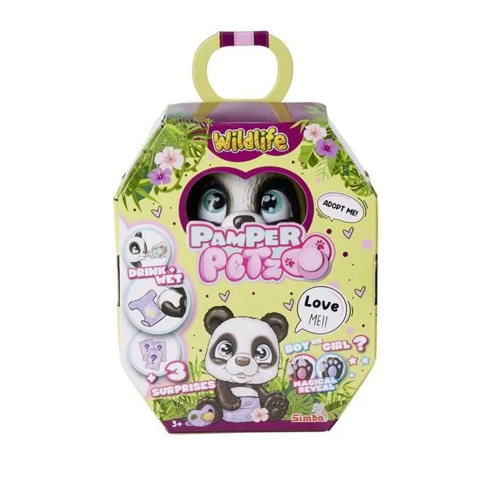 Simba - Pamper Petz Panda à Adopter - Jouet Interactif Articulé qui Boit et Fait Pipi avec Biberon et Sucette - 4 Accessoires - Certificat - Dès 3 ans