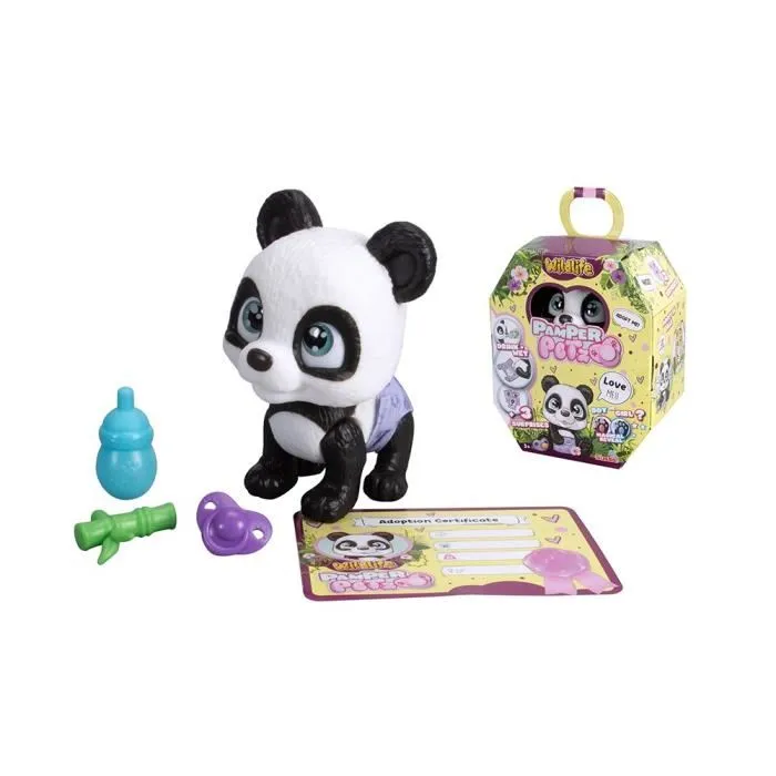 Simba - Pamper Petz Panda à Adopter - Jouet Interactif Articulé qui Boit et Fait Pipi avec Biberon et Sucette - 4 Accessoires - Certificat - Dès 3 ans