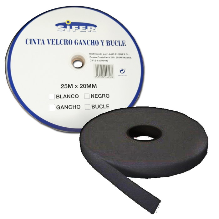 SIFER Bande Velcro adhésive mâle à crochets noire 25 m x 20 mm SIFER Bande Velcro adhésive mâle à crochets noire 25 m x 20 mm