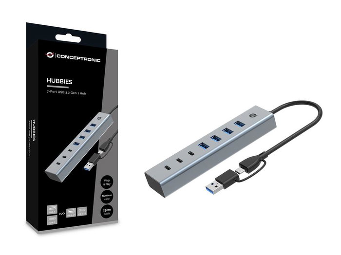 Conceptronic HUBBIES20G Hub USB 3.0 7 ports USB-A et USB-C Gris Conceptronic HUBBIES20G Hub USB 3.0 7 ports USB-A et USB-C Gris