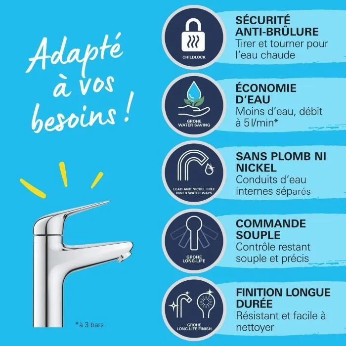 GROHE Mitigeur Monocommande Lavabo Chromé 24327001 avec Sécurité Enfant, Taille M, Perçage Monotrou