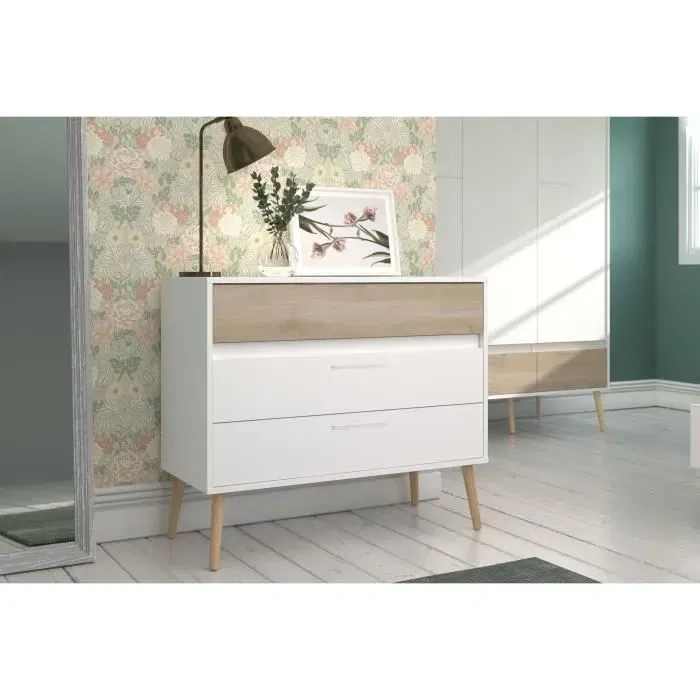 Parisot Commode AALBORG 3 Tiroirs Blanc Style Scandinave Panneaux de Particules 90.8 x 40 x 77.5 cm