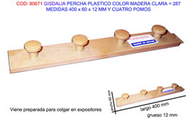 GISDALIA Percha en plastique et bois clair avec 4 pompons