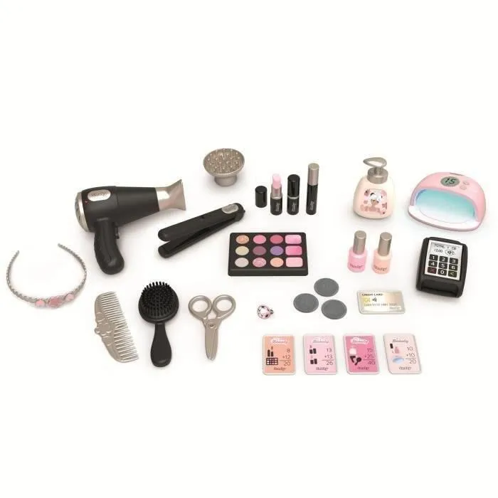 Smoby My Beauty Center - Institut de beauté 3 en 1 pour fille avec coiffure, onglerie et maquillage factice, 26 accessoires, jeu à partir de 3 ans