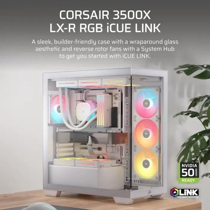 Corsair 3500X LXR iCUE LINK - Boîtier PC moyen-tour en verre trempé blanc, 3 ventilateurs RGB inversés, espace pour carte graphique et refroidissement liquide