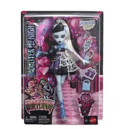 Monster High Poupée Frankie Stein Anniversaire Monstrueusement Mémorable - JBG75 avec robe satinée noire et 7 accessoires (ballon, invitation, cadeau)
