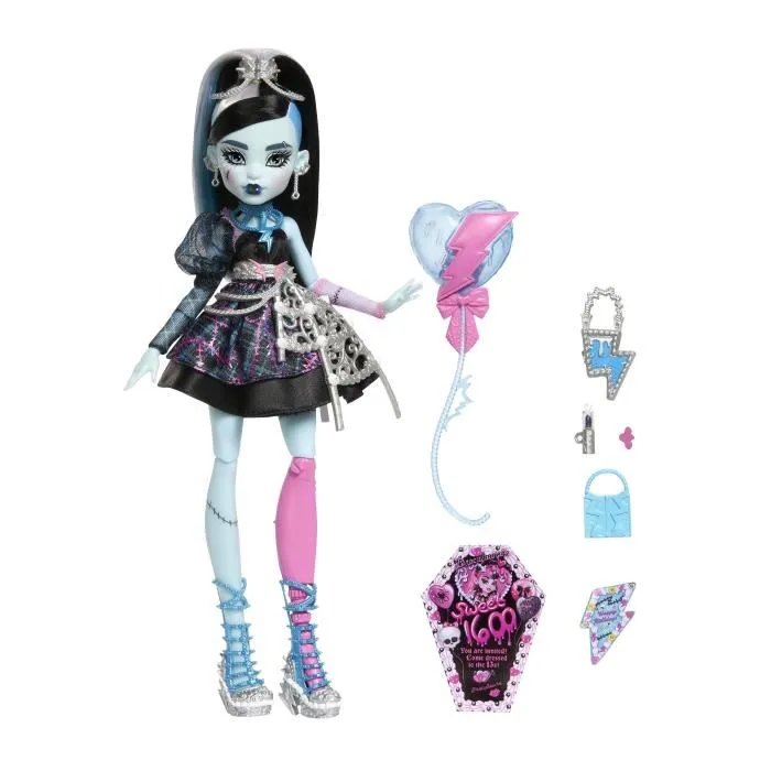 Monster High Poupée Frankie Stein Anniversaire Monstrueusement Mémorable - JBG75 avec robe satinée noire et 7 accessoires (ballon, invitation, cadeau) Monster High Poupée Frankie Stein Anniversaire Monstrueusement Mémorable - JBG75 avec robe satinée noire et 7 accessoires (ballon, invitation, cadeau)