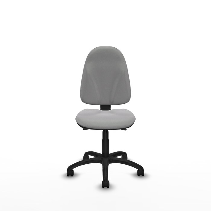 Chaise de bureau Algarra avec mécanisme Asincro, rembourrée de tissu gris clair. Équipée d'une base en polyamide noir, sans accoudoirs et de roulettes en nylon de 50 mm.
