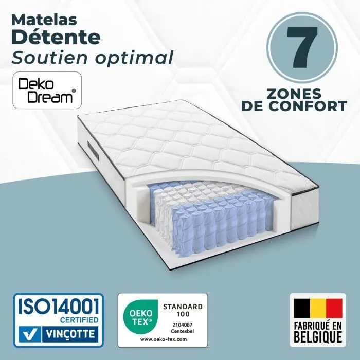 Somnis Bedding New Détente - Matelas 90x190 cm - 19 cm d'épaisseur - 380 ressorts ensachés - 7 zones - Réversible - Fabriqué en Belgique