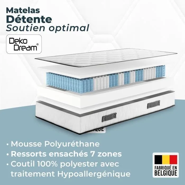 Somnis Bedding New Détente - Matelas 90x190 cm - 19 cm d'épaisseur - 380 ressorts ensachés - 7 zones - Réversible - Fabriqué en Belgique