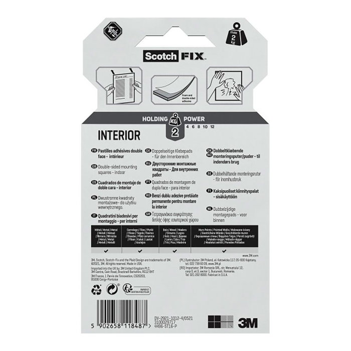 Ruban adhésif double face Scotch 2 Kg 2,5 x 2,5 cm Blanc (16 Unités)