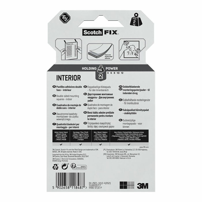 Ruban adhésif double face Scotch 2 Kg 2,5 x 2,5 cm Blanc (16 Unités)