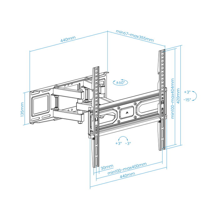 Tooq Support Mural pour Écrans 32-70 Pouces, VESA 100x100 à 400x400, Charge 40kg, Inclinable, Rotation, Noir