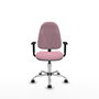 Chaise de bureau Algarra avec mécanisme de contact permanent de base, recouverte de tissu rose. Équipée d'une base chromée, d'accoudoirs 1D et de roulettes en nylon de 50 mm