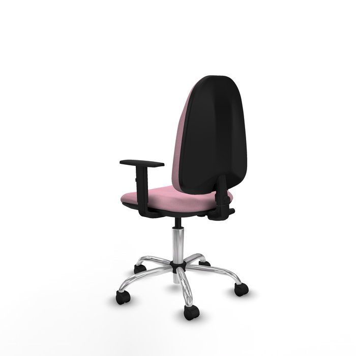 Chaise de bureau Algarra avec mécanisme de contact permanent de base, recouverte de tissu rose. Équipée d'une base chromée, d'accoudoirs 1D et de roulettes en nylon de 50 mm Chaise de bureau Algarra avec mécanisme de contact permanent de base, recouverte de tissu rose. Équipée d'une base chromée, d'accoudoirs 1D et de roulettes en nylon de 50 mm