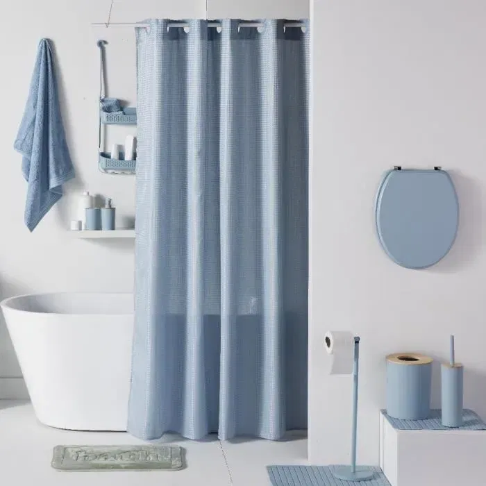 Today UTILITY - Set de 5 accessoires salle de bain bleu : Distributeur de savon, poubelle, gobelet brosse à dents, porte-savon, brosse WC - Plastique, design minimaliste