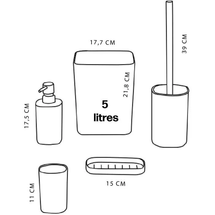 Today UTILITY - Set de 5 accessoires salle de bain bleu : Distributeur de savon, poubelle, gobelet brosse à dents, porte-savon, brosse WC - Plastique, design minimaliste