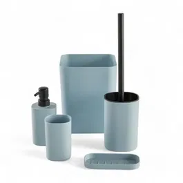 Today UTILITY - Set de 5 accessoires salle de bain bleu : Distributeur de savon, poubelle, gobelet brosse à dents, porte-savon, brosse WC - Plastique, design minimaliste