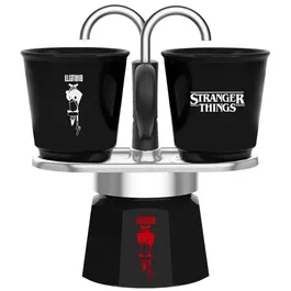 Bialetti Cafetière italienne Moka Express Stranger Things, Noir/Rouge, 130 ml avec 2 tasses thermosensibles - Édition collector
