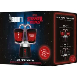 Bialetti Cafetière italienne Moka Express Stranger Things, Noir/Rouge, 130 ml avec 2 tasses thermosensibles - Édition collector