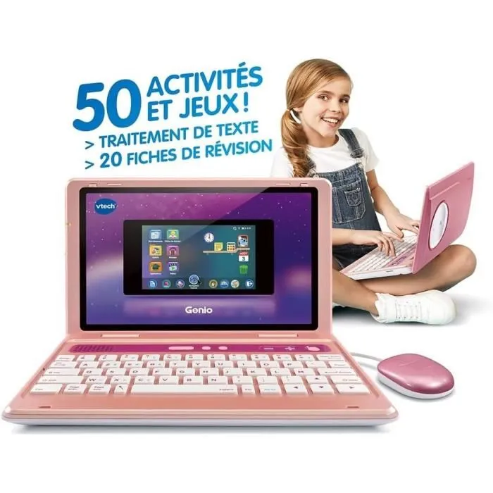 VTech Genio - Ordinateur portable éducatif pour enfant avec clavier AZERTY français, souris, écran 5", mémoire 8GB, extensible via micro-SD - Rose VTech Genio - Ordinateur portable éducatif pour enfant avec clavier AZERTY français, souris, écran 5", mémoire 8GB, extensible via micro-SD - Rose