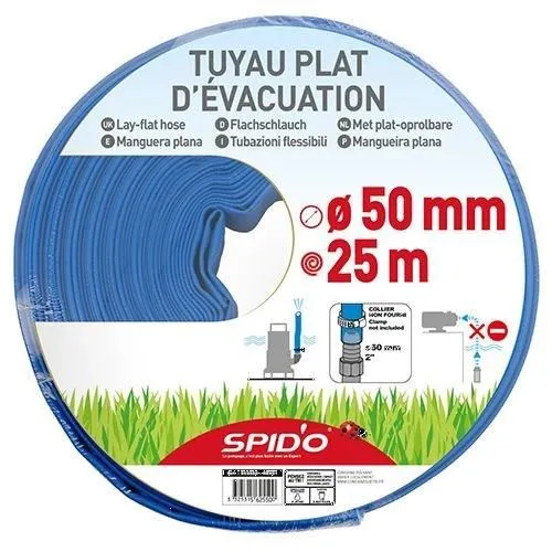 Spido - Tuyau d'évacuation plat SPIDO - 25 m - Ø 50 mm - Résistance 4 bars - Pour drainage eaux domestique et professionnel Spido - Tuyau d'évacuation plat SPIDO - 25 m - Ø 50 mm - Résistance 4 bars - Pour drainage eaux domestique et professionnel