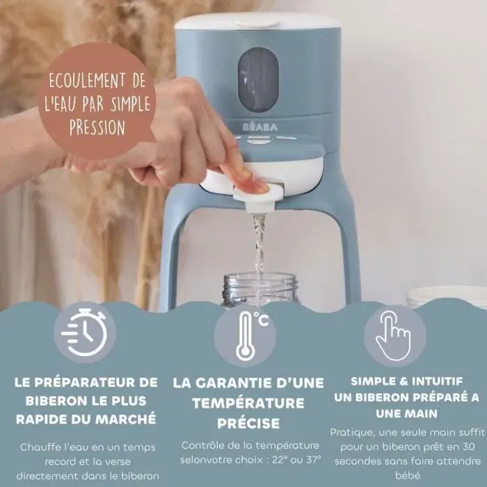 Beaba BIB'EXPRESSO - Préparateur de biberons rapide, chauffe eau en 30s, températures 22°C et 37°C, fonction bain-marie, compact et amovible - Bleu baltique