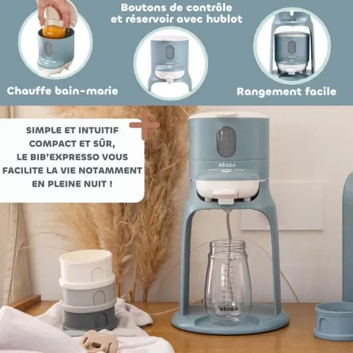 Beaba BIB'EXPRESSO - Préparateur de biberons rapide, chauffe eau en 30s, températures 22°C et 37°C, fonction bain-marie, compact et amovible - Bleu baltique