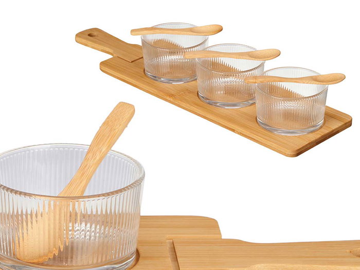 Kinvara Set de 3 bols en cristal avec cuillères et plateau en bambou 46x13x6 cm (Set de 12) Kinvara Set de 3 bols en cristal avec cuillères et plateau en bambou 46x13x6 cm (Set de 12)