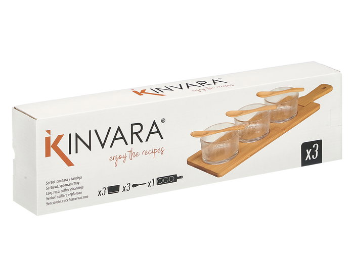 Kinvara Set de 3 bols en cristal avec cuillères et plateau en bambou 46x13x6 cm (Set de 12) Kinvara Set de 3 bols en cristal avec cuillères et plateau en bambou 46x13x6 cm (Set de 12)
