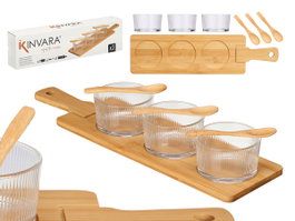 Kinvara Set de 3 bols en cristal avec cuillères et plateau en bambou 46x13x6 cm (Set de 12)