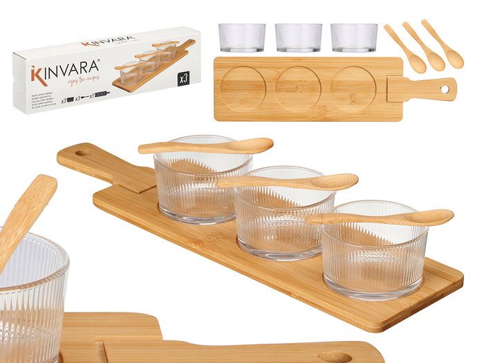 Kinvara Set de 3 bols en cristal avec cuillères et plateau en bambou 46x13x6 cm (Set de 12) Kinvara Set de 3 bols en cristal avec cuillères et plateau en bambou 46x13x6 cm (Set de 12)