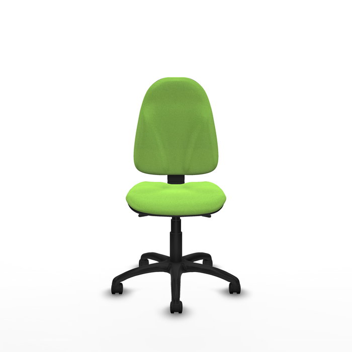 Chaise de bureau Algarra avec mécanisme Asincro, revêtue de tissu couleur pistache. Équipée d'une base en polyamide noir, sans accoudoirs et de roulettes en nylon de 50 mm.