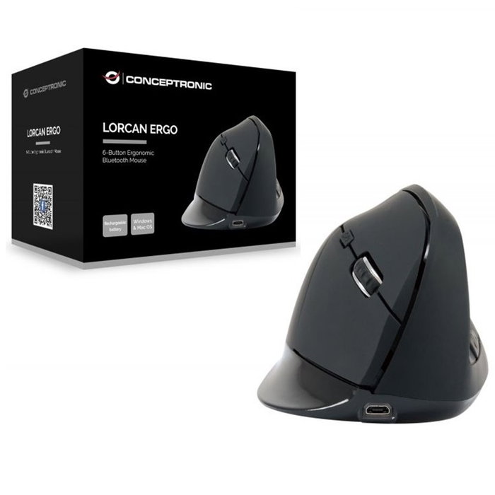 Conceptronic LORCAN03B Souris Verticale Bluetooth 5.2 Ergonomique 6 Boutons, Noire