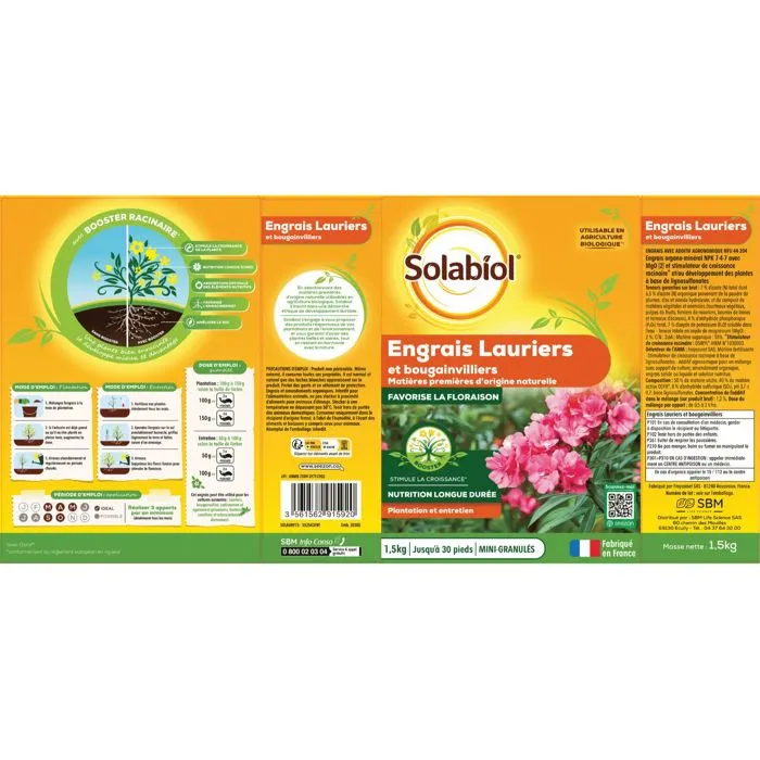 Solabiol Engrais Lauriers & Bougainvilliers - 1,5 kg pour Jusqu'à 30 Pieds - Favorise la Floraison et la Croissance des Plantes Méditerranéennes et Grimpantes