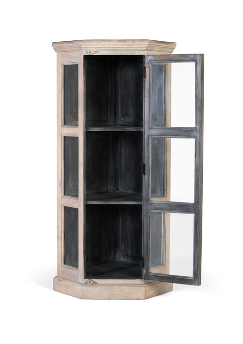 GINER Y COLOMER - Vitrine d'angle en bois de manguier, finition blanchie naturelle avec porte frontale en verre et 3 étagères intérieures