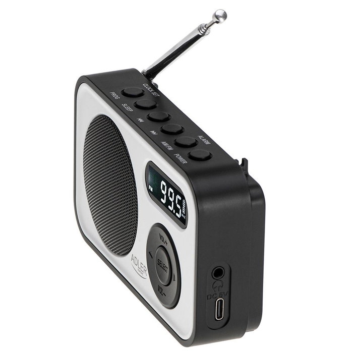 Adler Radio numérique PLL AM/FM AD 1906 avec réglage automatique, écran LCD, réveil et alarme, USB-C, 12,5 x 3 x 7,5 cm