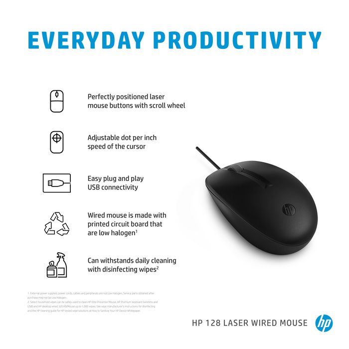HP Souris filaire laser 128, confortable avec connexion USB prête à l'emploi, dpi ajustable et conçue pour un nettoyage quotidien HP Souris filaire laser 128, confortable avec connexion USB prête à l'emploi, dpi ajustable et conçue pour un nettoyage quotidien