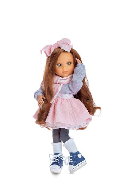 Berjuan 5824-22 Poupée articulée Eva aux cheveux roux avec jupe rose et pull en laine gris