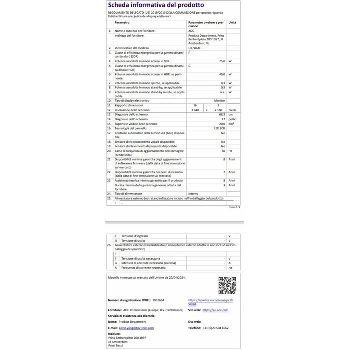 Monitor Gaming AOC U27B3AF 4K Ultra HD 27"