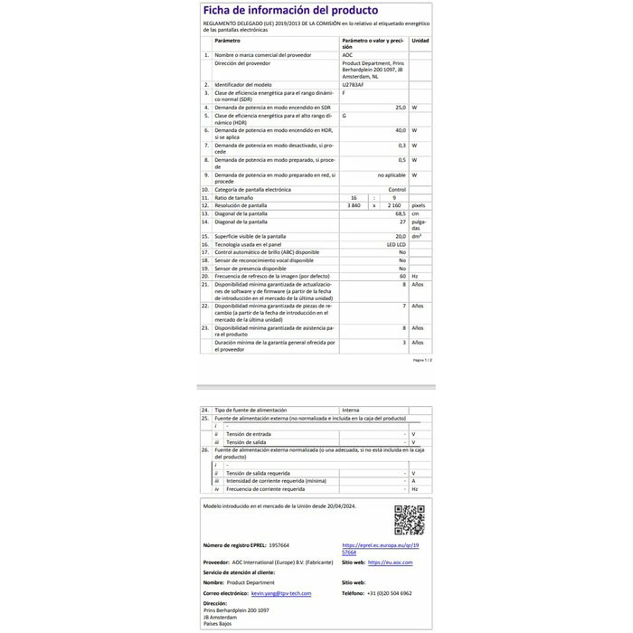 Monitor Gaming AOC U27B3AF 4K Ultra HD 27"